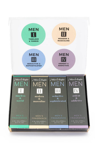 Set of Men's Fragrance rollerballs with color-coded labels on a white background