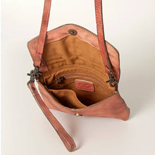 Load image into Gallery viewer, Brown leather handbag with visible brand name on a light background
