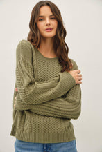 Load image into Gallery viewer, Woman wearing a green knitted sweater against a plain background