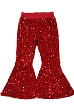 Load image into Gallery viewer, Red sequin bell-bottom pants on a white background