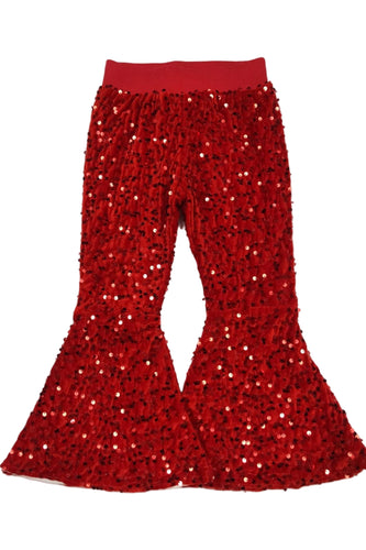 Red sequin bell-bottom pants on a white background