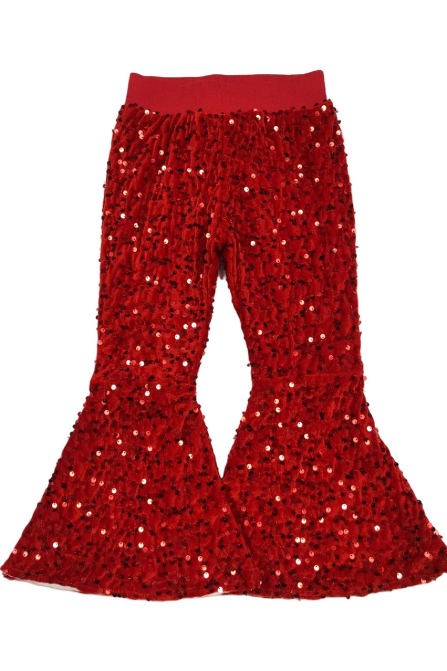 Red sequin bell-bottom pants on a white background