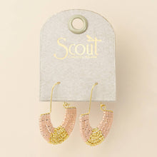 Load image into Gallery viewer, Pair of pink and gold earrings on a Scout branded card against a beige background