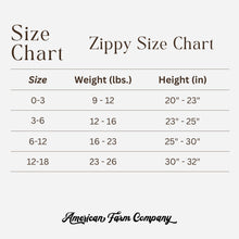 Load image into Gallery viewer, Zippy Size Chart for children's products with weight and height ranges.