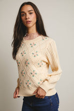 Load image into Gallery viewer, Woman wearing a beige knitted sweater with floral patterns on a plain background