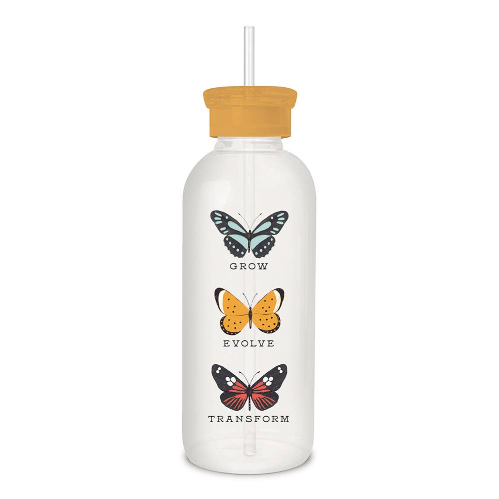 Butterfly Grow Evolve Transform Glass Water Bottle with Straw