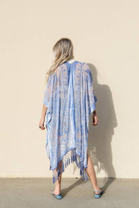 Leto Accessories - Western Velvet Mesh Tapestry Tassel Kimono: Blue