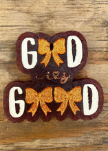 Load image into Gallery viewer, Decorative letter 'M' with orange and white design on a wooden background