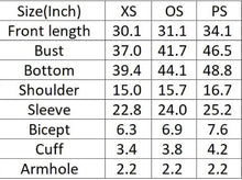 Load image into Gallery viewer, Measurement chart for shirt sizes XS, OS, and PS with dimensions in inches.