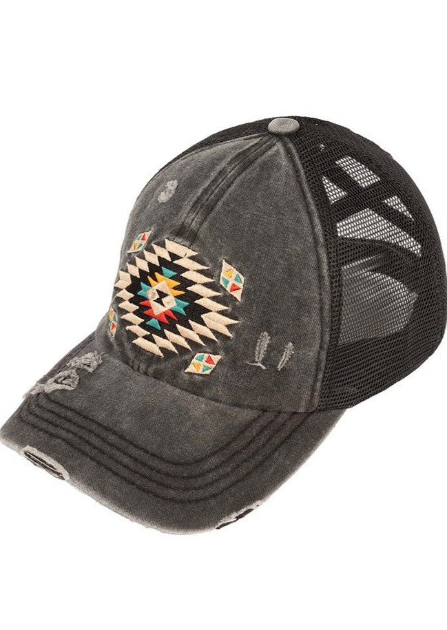 Aztec Patch Distressed Criss Cross Ponytail Hat