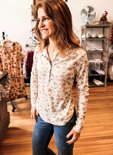 MICHELLE MAE Button Snap Henley Top Tan Micro Floral