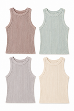 Load image into Gallery viewer, Four ribbed tank tops in different colors on a white background