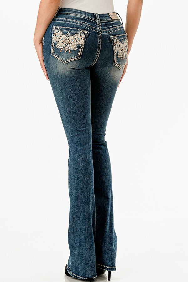 GRACE IN LA Easyfit Embellished Scroll Pocket Bootcut Jeans