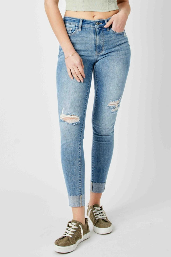 JUDY BLUE Mid Rise Distressed Cuff Skinny