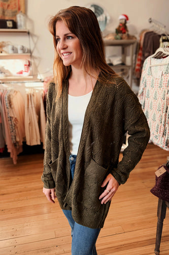 MICHELLE MAE Open Knit Cardigan Olive