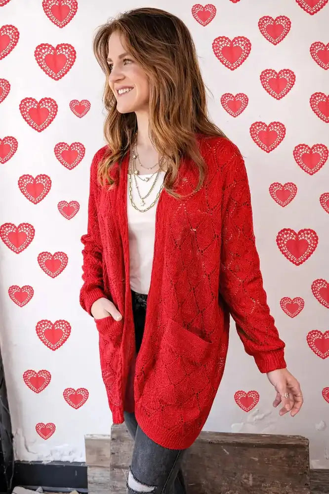 MICHELLE MAE Open Knit Cardigan Red