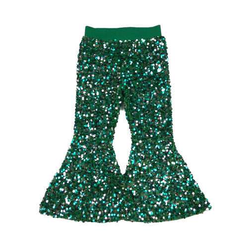 Green sequin pants on a white background