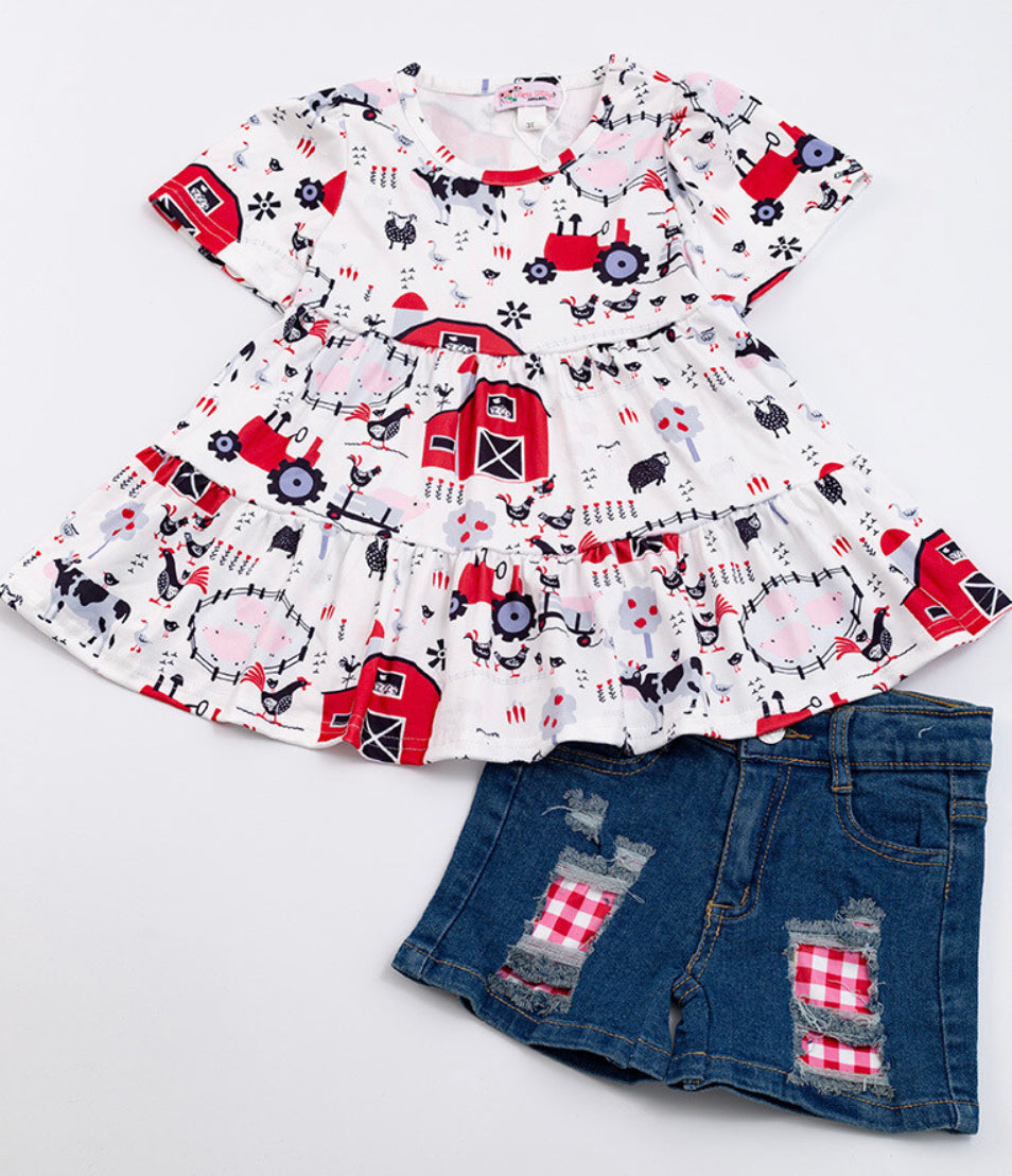 Red Barn Top + Shorts Girls Set