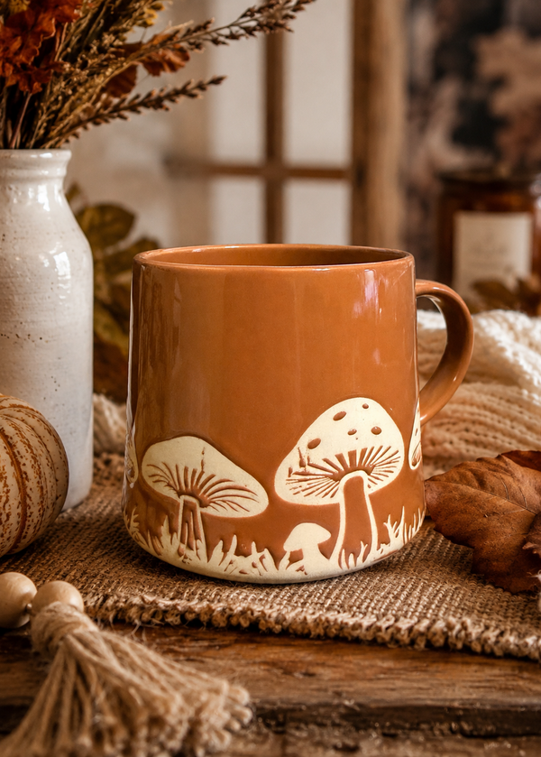 A terracotta-colored ceramic mug with cream-colored embossed mushroom designs, styled on a burlap runner with autumn-themed props like dried leaves, a white vase, and a wooden surface.