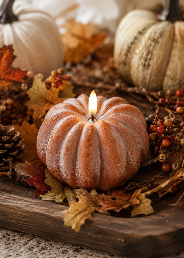 LED faux pumpkin candle in fall setting