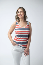 Load image into Gallery viewer, Woman wearing a red, white, and blue striped tank top against a plain background