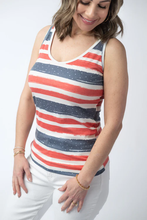 Load image into Gallery viewer, Woman wearing a red, white, and blue striped tank top on a white background