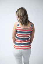 Load image into Gallery viewer, Woman wearing a red, white, and blue striped tank top on a white background