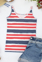 Load image into Gallery viewer, Red, white, and blue striped tank top with denim shorts on a white background.