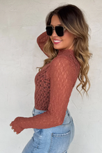 Load image into Gallery viewer, Woman wearing a brown mesh top and blue jeans against a white wall