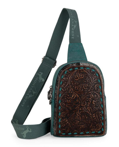 Montana West Floral Tooled Genuine Cowhide Hair-On Trimmed Sling Bag - Turquoise