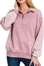 Load image into Gallery viewer, Woman wearing a light rose pullover with a quarter zip on a white background