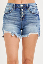 Load image into Gallery viewer, Blue denim shorts with frayed hem on a white background