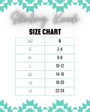 Load image into Gallery viewer, Size chart for Sterling Kreek clothing with text and numbers on a white background.