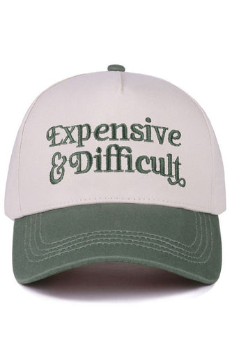 Cap with 'Expensive & Difficult' text on a white background