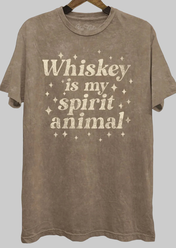 A brown t-shirt with the text 'Whiskey is my spirit animal' printed on the front.
