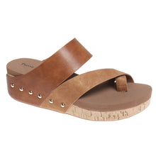 Load image into Gallery viewer, Brown sandal with cork sole on a white background
