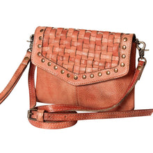 Load image into Gallery viewer, Brown woven leather crossbody bag with studded details on a white background