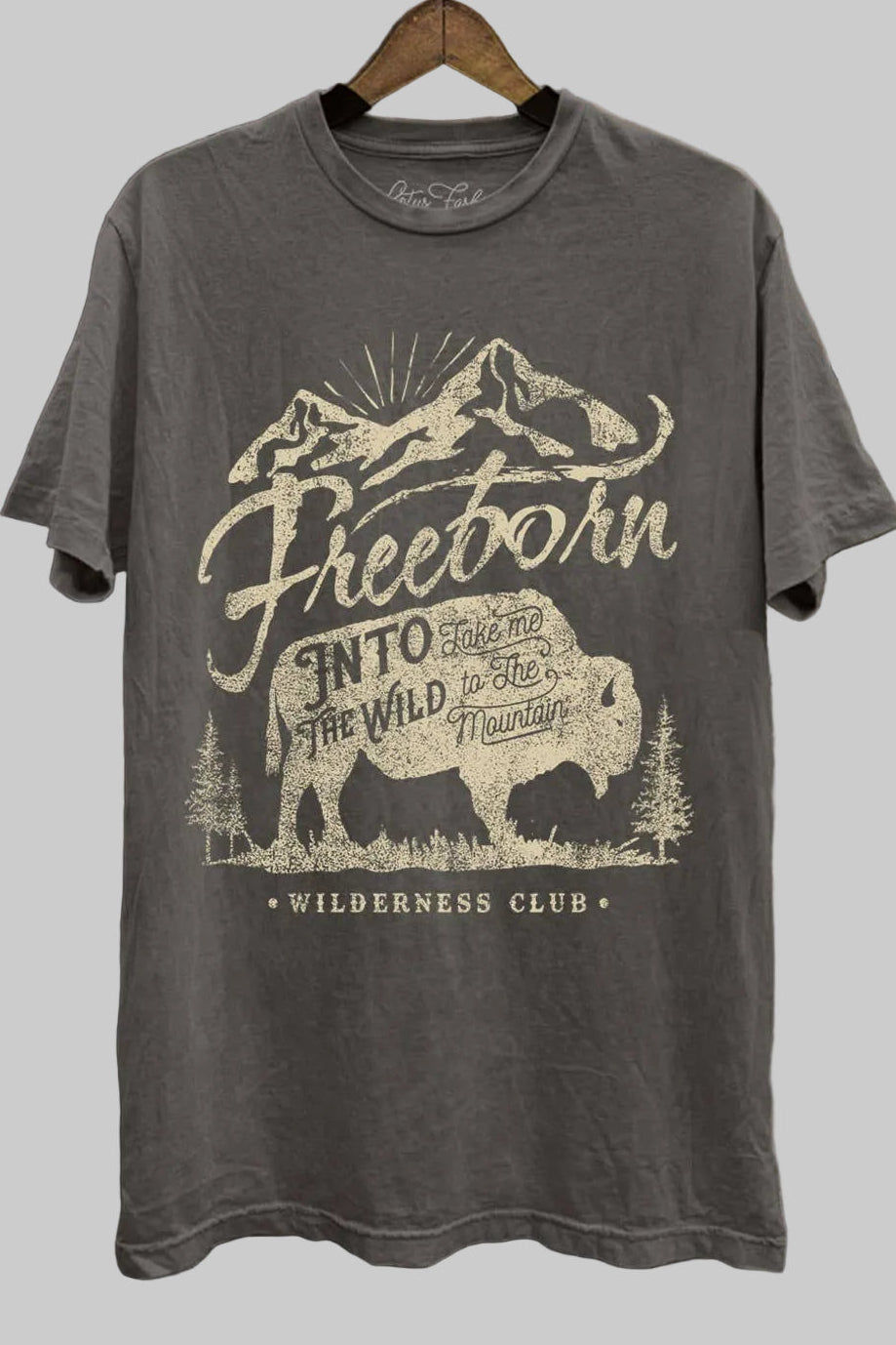 Gray t-shirt with mountain and bear graphic on a wooden background