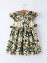 Load image into Gallery viewer, Floral dress with ruffled sleeves on a hanger against a white background