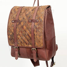 Load image into Gallery viewer, Brown leather backpack with woven pattern on a white background