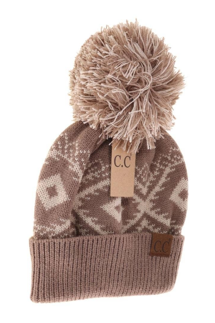 Knitted beanie with pom-pom and pattern on a white background