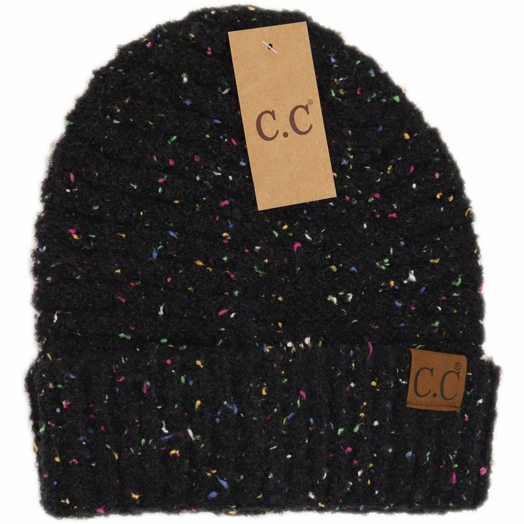 Black speckled beanie with C.C tags on a white background