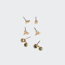 Load image into Gallery viewer, Set of gold and green earrings on a white background