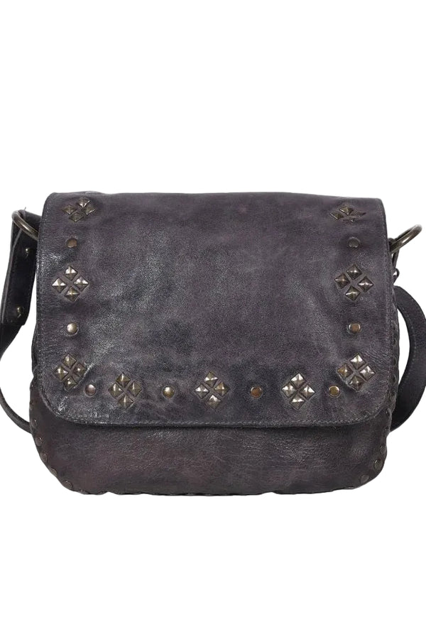 Dark gray leather bag with star-shaped studs on a white background