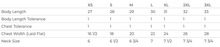 Load image into Gallery viewer, Measurement chart for clothing sizes with dimensions listed.