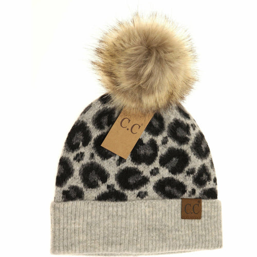 Leopard print beanie with fur pom-pom and C.C branding on a white background