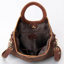Load image into Gallery viewer, Brown leather handbag with gold accents on a white background