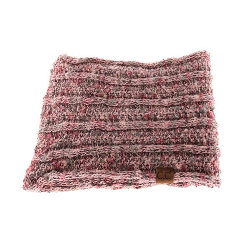 Textured pink and brown scarf with a brand label on a white background