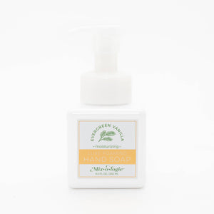 Hand soap bottle with packaging labeled 'Evergreen Vanilla' on a white background