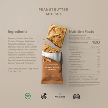 Load image into Gallery viewer, Peanut Butter Mousse bar with nutrition facts and ingredients on a beige background